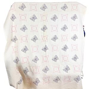 VTG Quilt Hand Stitched Butterfly with Atomic Diamonds Quilt 66"x80" flower